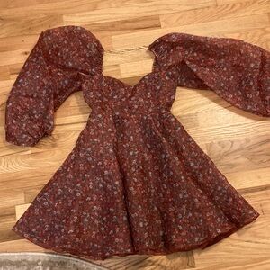Selkie Red Floral Puff Sleeve Mini Dress